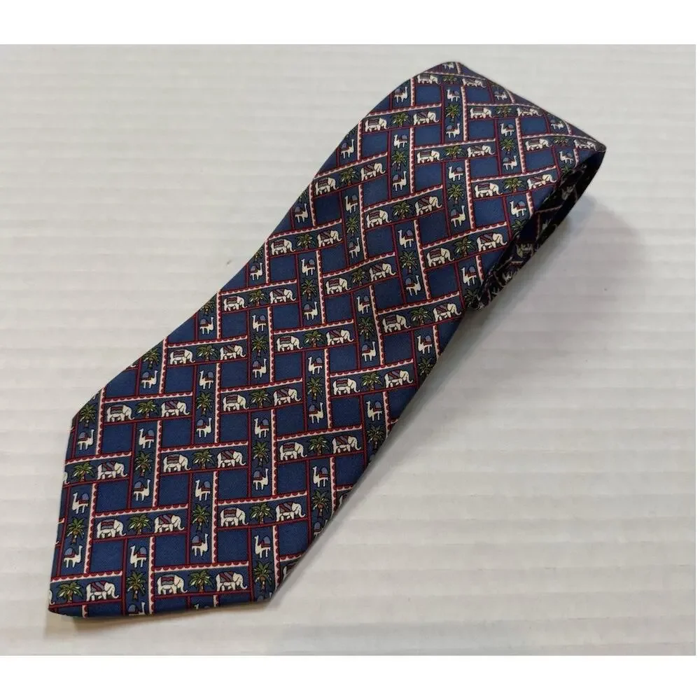 Salvatore Ferragamo Silk Tie Elephants Camels Palms Blue Red Novelty Print Italy